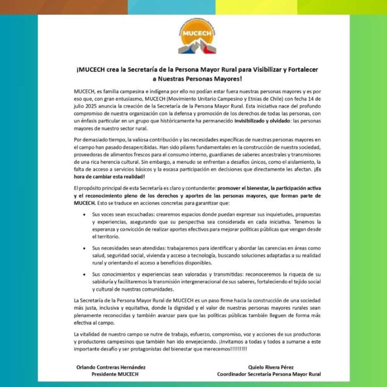 MUCECH crea la Secretaría de la Persona Mayor Rural, para Visibilizar y Fortalecer a Nuestras Personas Mayores.